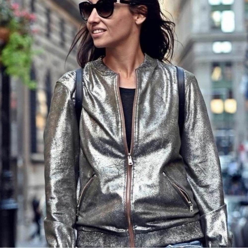 Zara Women's Metallic Silver Bomber Jacket